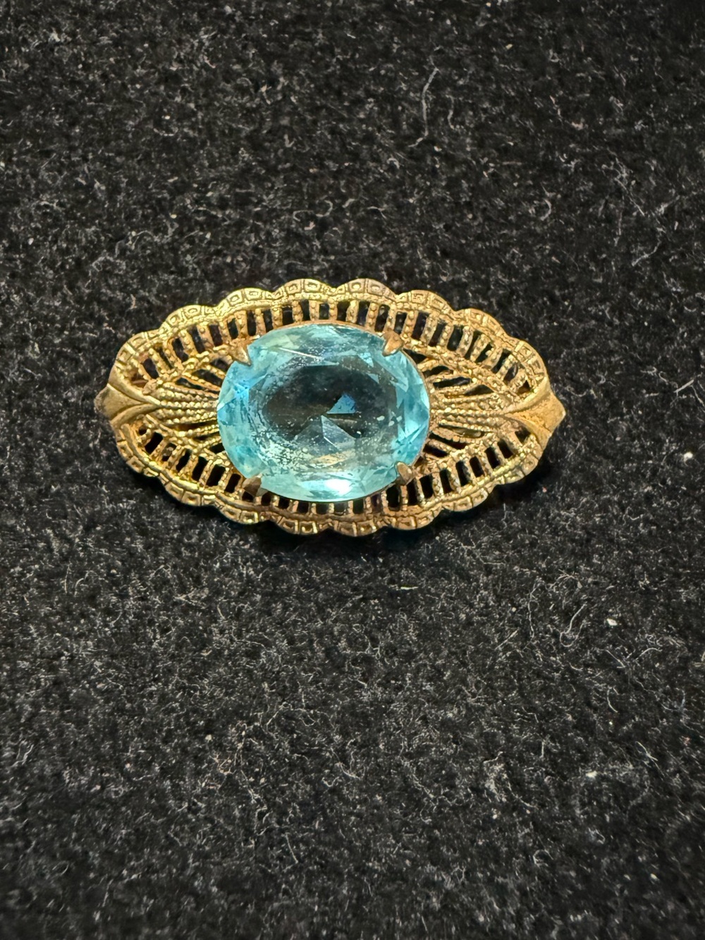 Estate Gold-Tone Filigree Brooch with Aqua Blue Stone